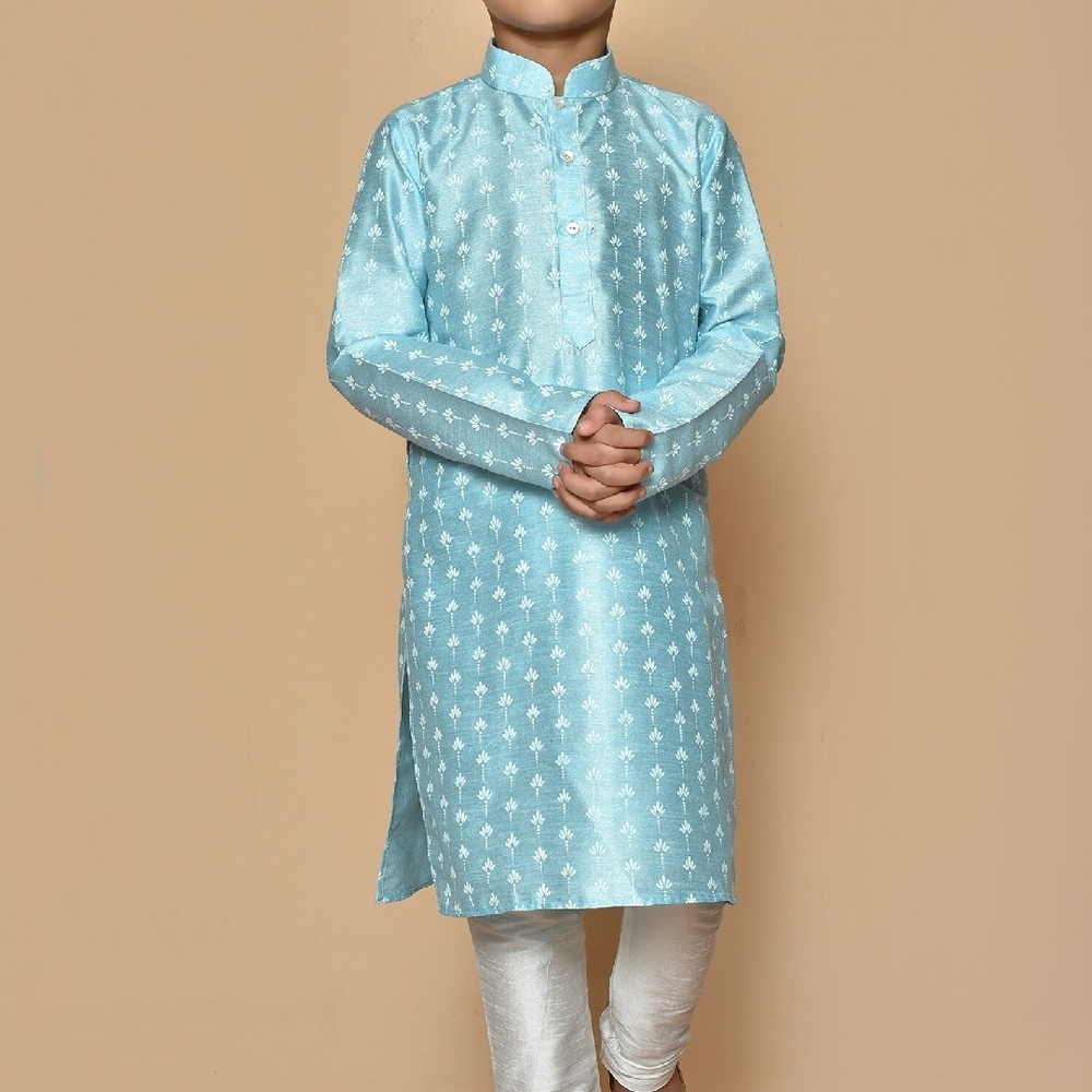 Light Blue Kurta with White Pattern Boys